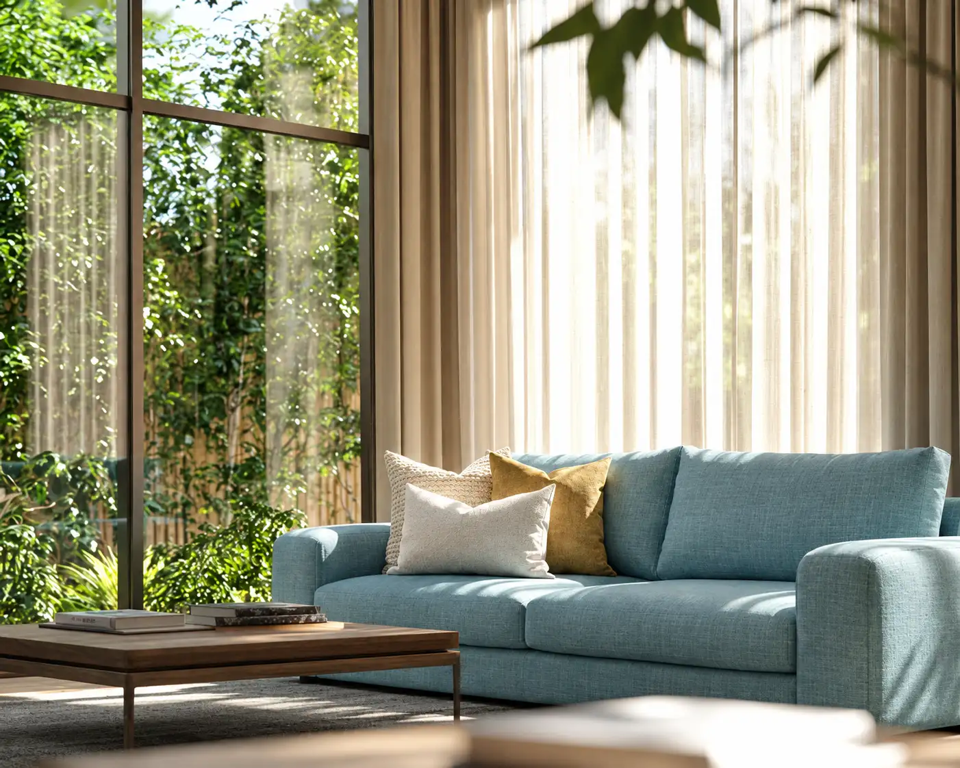Blue sofa in warm garden light