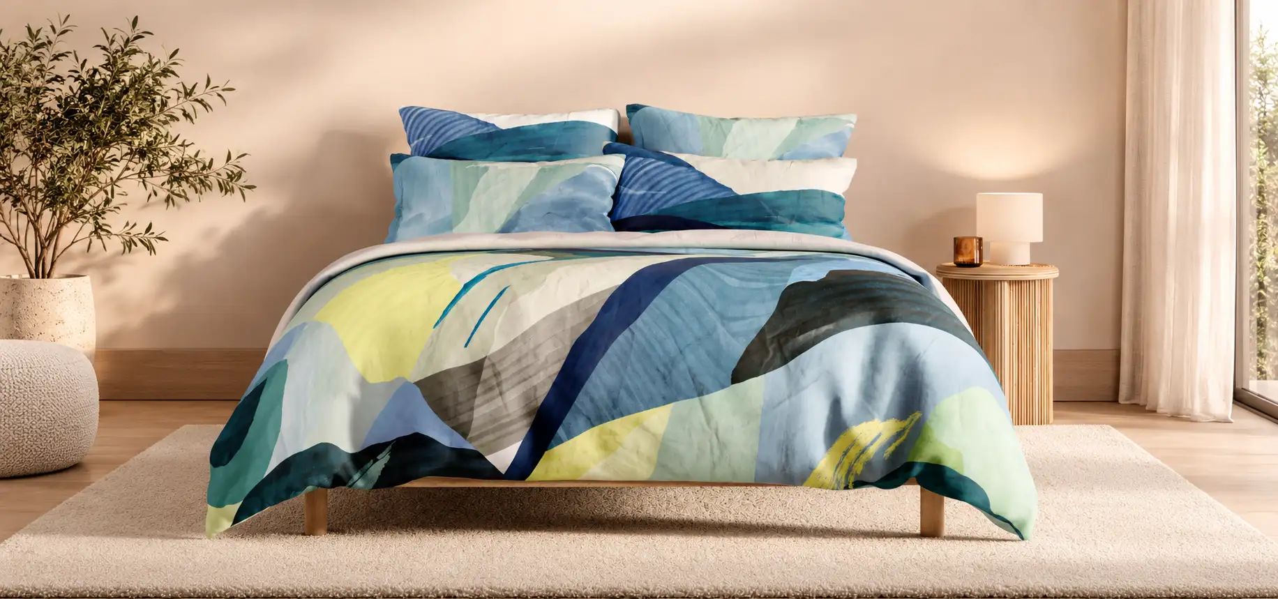 Warm bedroom with patterned bedding