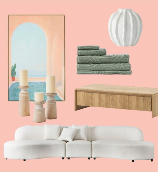 Adairs Archie Seafoam Marle Towel Range from $14.99, Adairs Santiago Arch View Canvas $149.99, Bed Bath N' Table Nimo Vase $29.95, House Deborah Hutton Wooden Candle Sticks $29.99, Provincial Home Living Paddington Sofa $3,299, Urban Rhythm Bowery Coffee Table $1,149.