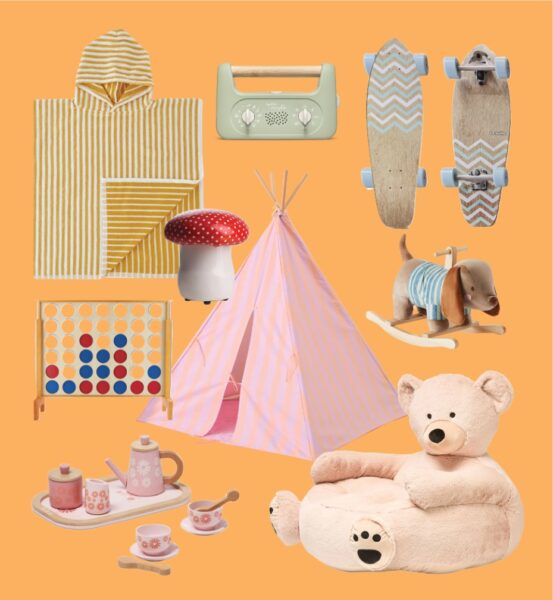 Adairs Bertie Bear Cuddle Chair $79.99, Adairs Kids Let's Play Tea Set $59.99, Adairs Kids Stripe Teepee $109.99, Bed Bath N' Table Dash Rocking Toy $149.95, Bed Bath N' Table Little Finch Striped Hooded Kids Poncho $39.95, Bed Bath N' Table Morgan & Finch Toadstool $49.95, JB Hi-Fi Morphee My Little Morphee Relaxation & Sleep Aid Device for Kids $149.